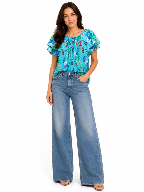 Tops - Tanya Taylor Blue Floral Silk Blend Ruffle Short Sleeve Blouse Top Size S